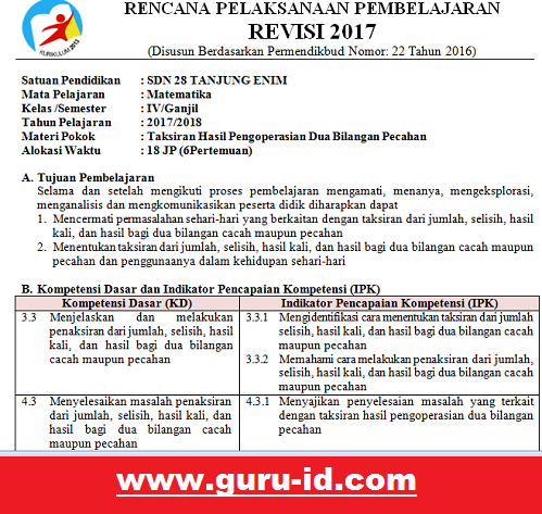 Contoh rpp matematika kelas 4 semester 1 kurikulum 2013 