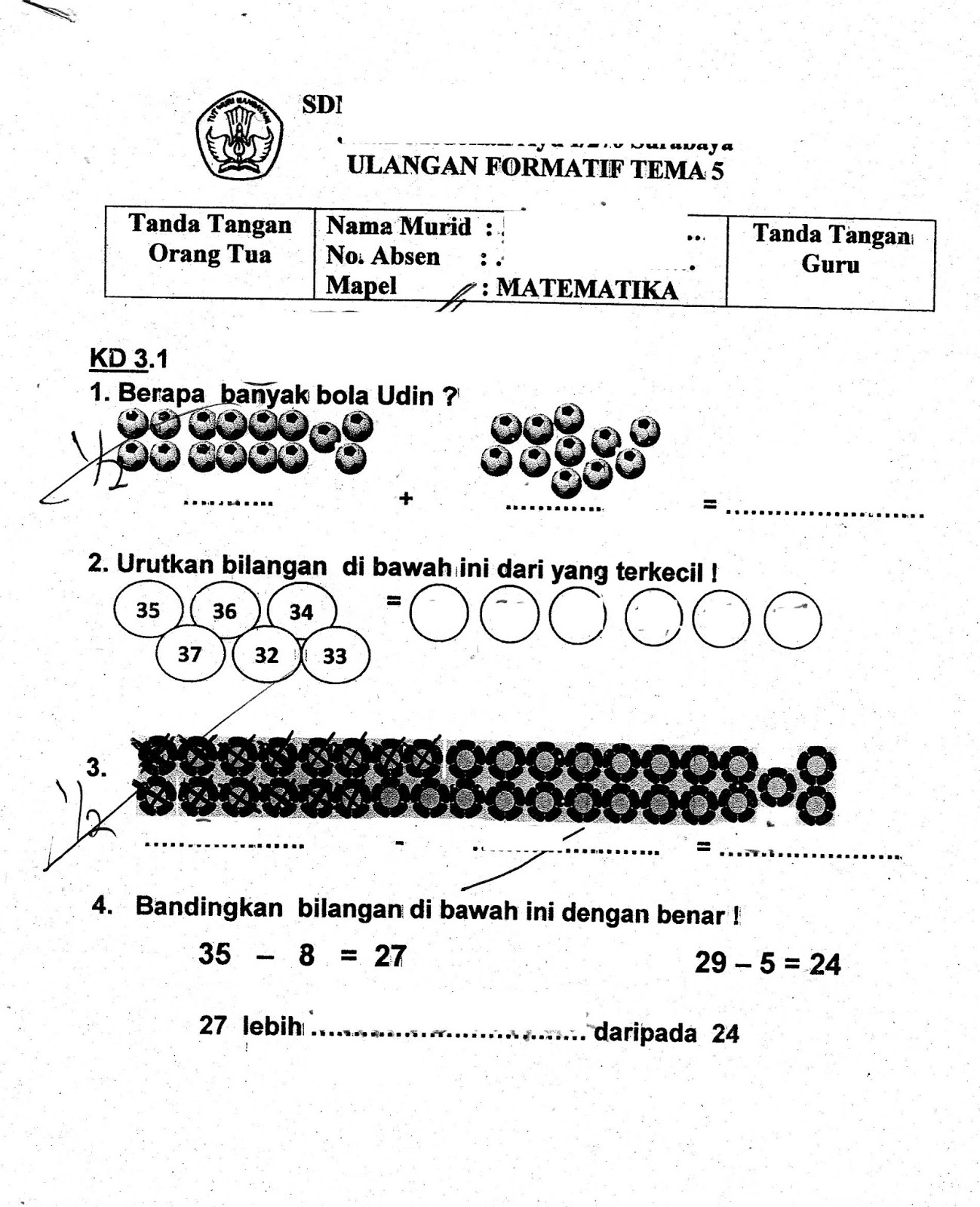 Formatif Tema 5 Matematika SD Kelas 1 TA 2015 2016 Kurikulum2013