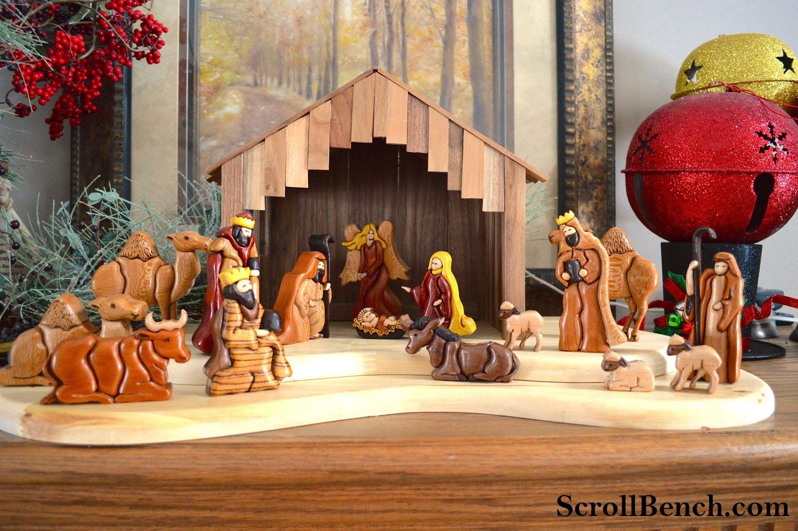 Scroll Bench: Nativity Scene Intarsia
