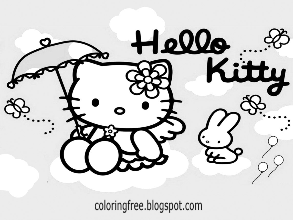 rain umbrella cat and Hello kitty angle coloring sheets free cute printables for teenage girls