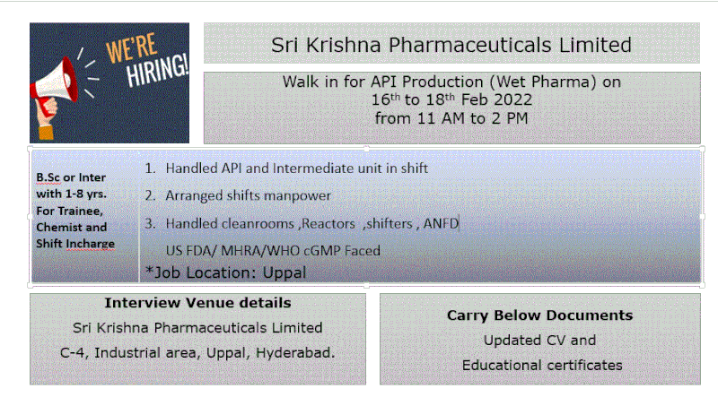 Job Availables,Sri Krishna Pharmaceuticals Limited Walk-In-Interview For BSc/ Inter