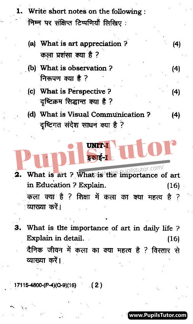 Chaudhary Ranbir Singh University (CRSU), Jind, Haryana B.Ed Teaching Of Fine Arts (Fine Art Pedagogy) First Year Important Question Answer And Solution - www.pupilstutor.com (Paper Page Number 2)