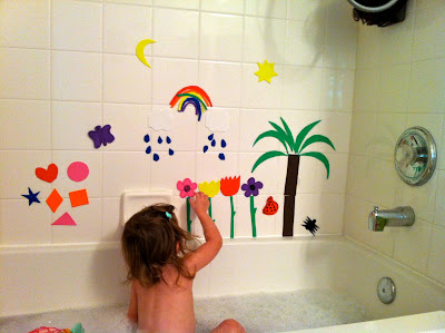 Use foam sheets to make shapes that stick to your kid's bathtub. Endless possibilities! Make roads and cars, or monsters that you can place your own arms, eyes and ears. If you have older kids make words for practicing sentences, family member names, garden scenes, lego looking blocks to build towers and landscapes... www.thebrighterwriter.blogspot.com