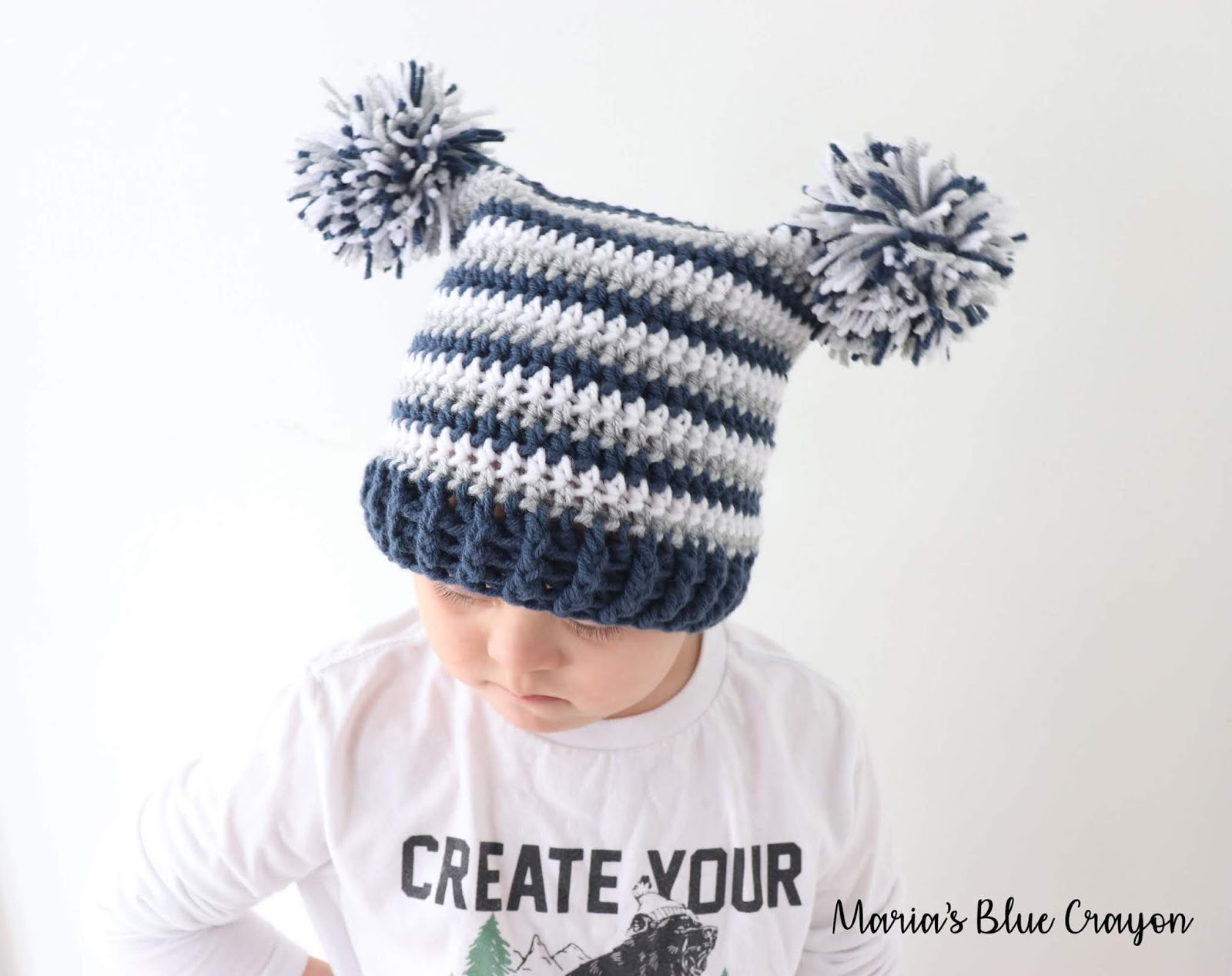 Double Pom Pom Hat For Baby Kids And Adults Free Crochet Pattern Maria S Blue Crayon