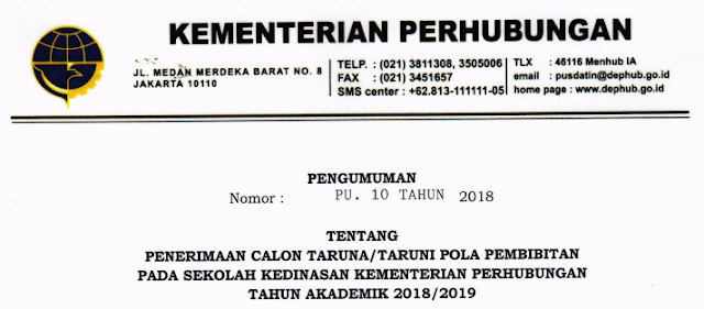 Pengumuman Registrasi Taruna Kemenhub 2018