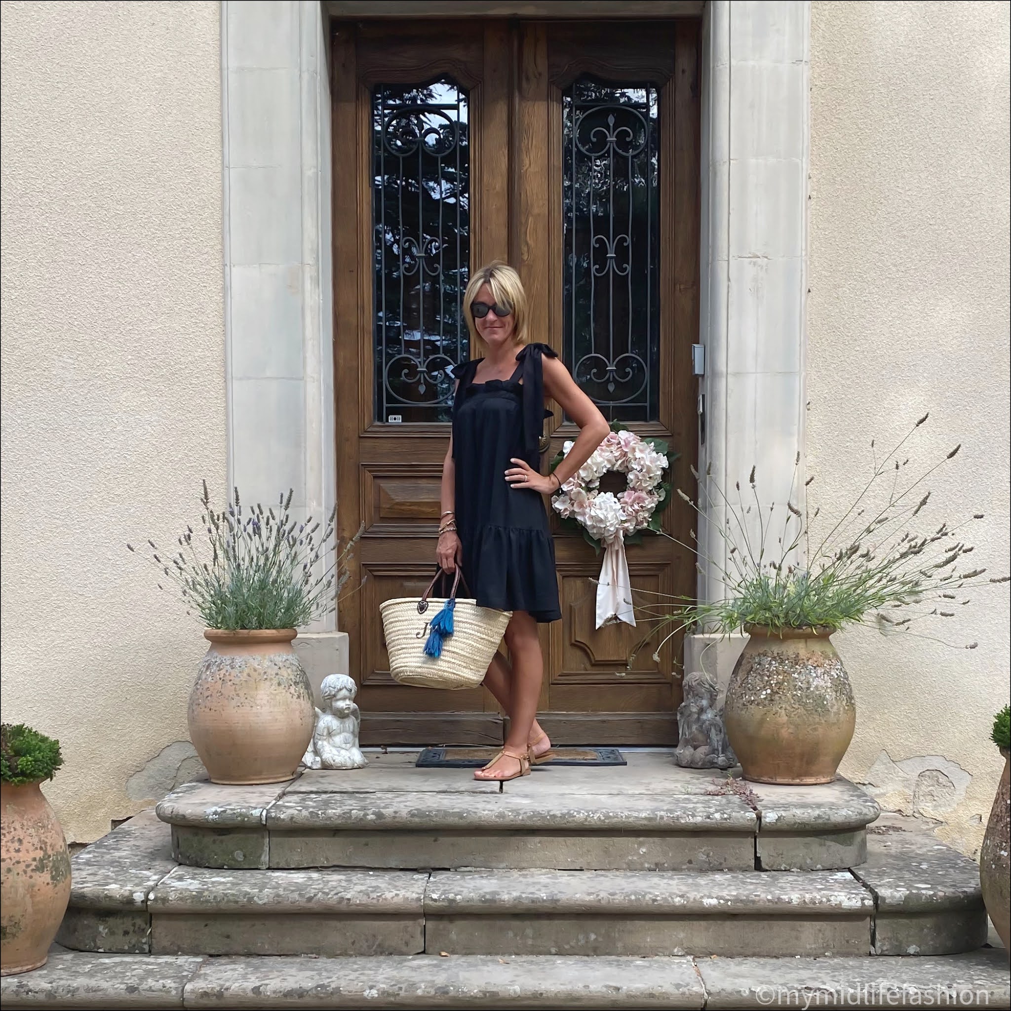 my midlife fashion, H&M sundress, Carvela tan leather thong sandals, initially London covent handled monogrammed basket