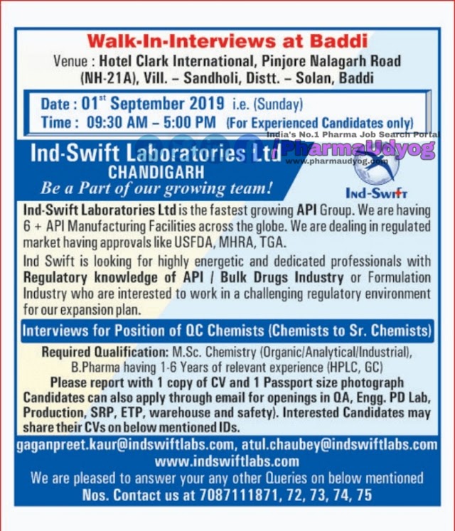 Ind Swift Pharma | Walk-in interview for QC Chemists | 1 September 2019 | Baddi