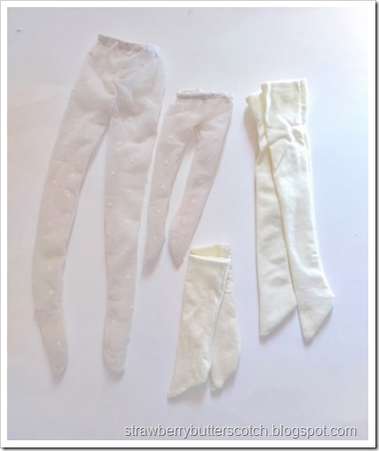 Several pairs of doll sized tights and socks made out of old tights.