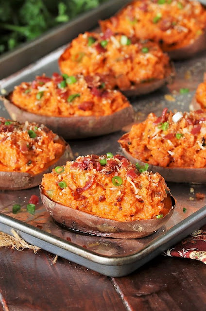 Twice-Baked Sweet Potatoes on Baking Sheet Image