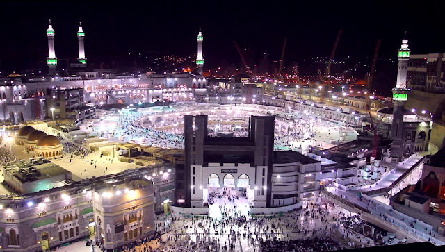 Al-Masjid al-Haram, the holiest mosque in Islam. It encompasses the Kaaba, the qibla for Muslims around the world. The mosque's vast complex can accommodate millions of pilgrims