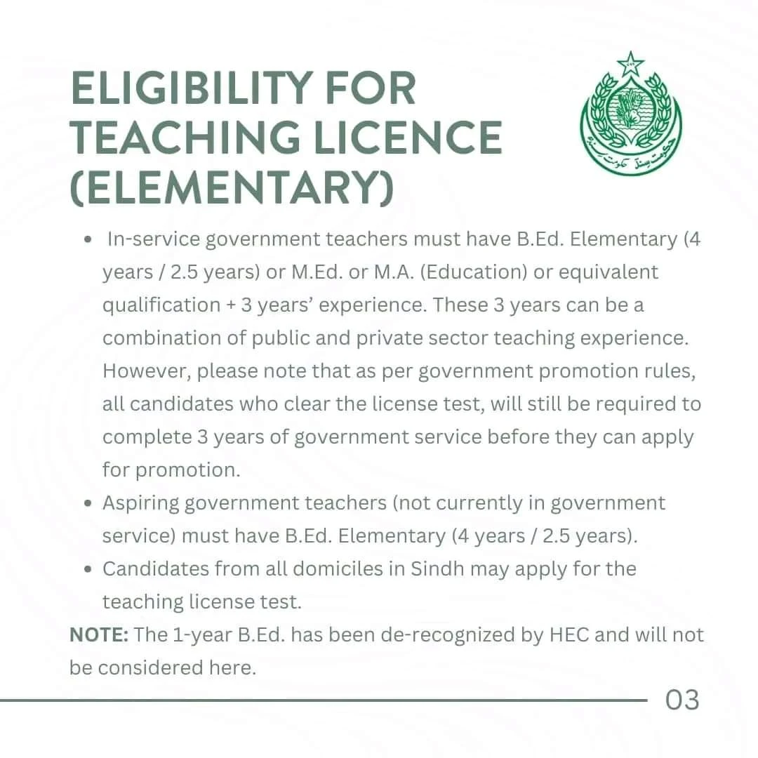 Sindh Education Teaching License Policy and Eligibility Criteria