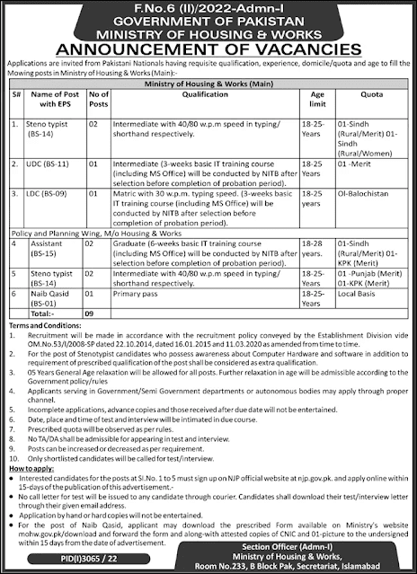 Ministry of Housing and Works Jobs Advertisement November 2022