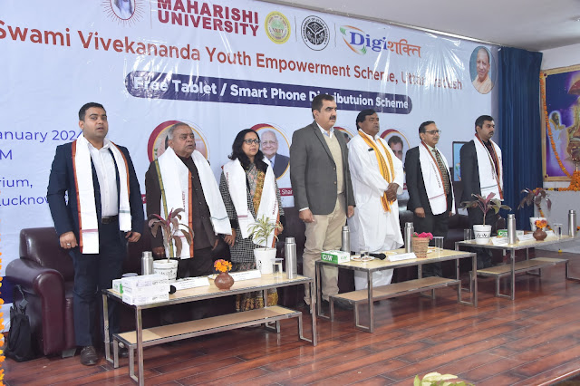 Maharishi University of Information Technology (MUIT), in a transformative event hosted at its Lucknow Campus successfully organized the "Tablets Distribution" program under the Swami Vivekananda Youth Empowerment Scheme of UP Govt., on January 28, 2024. In this event,  54 students of various disciplines were distributed tablets under this scheme, in the first phase. The distinguished gathering was marked by the insightful Welcome Address by the Vice-Chancellor of MUIT, Prof. BP Singh emphasizing the imperative role of the digital revolution and digital empowerment.  The esteemed guests for the occasion included Mr. H.C. Gupta (Sr. Manager-Systems, UPDESCO), Mr. Naveen Srivastava (Sr. Consultant, UPDESCO), Mr. Hemant Trivedi (Project Coordinator, Digishakti Portal), and Smt. Artika Srivastava (Consultant, UPDESCO). While, Mr. Gupta informed the audience about UPDESCO and its schemes; Mr. Trivedi emphasised on the judicious use of technology for the overall good of individual and the society. The Hon'ble Chancellor of MUIT, Shri Ajay Prakash Shrivastava, also graced the event with his esteemed presence, and appreciated the vision of the event and the digital progress that the nation was building on.  The event witnessed the participation of key academic figures, like Deputy Registrar (Shri Girish Chhimwal); Dean Academics- Lucknow Campus (Dr. Neeraj Jain) and Dean Student Welfare (Dr. Sapan Asthana). Deans from various schools within the university, administrative staff, and enthusiastic students also contributed to the vibrant atmosphere.  Dr. Vijay Srivastava, serving as the Institute Nodal Officer for the scheme, ensured smooth coordination, while Dr. Rupam Singh efficiently managed the event as the Event Coordinator.  The Tablets Distribution event reflects the Govt’s and MUIT's dedication to bridging the digital divide and aligning its educational practices with the broader national agenda of empowering youth through technology.