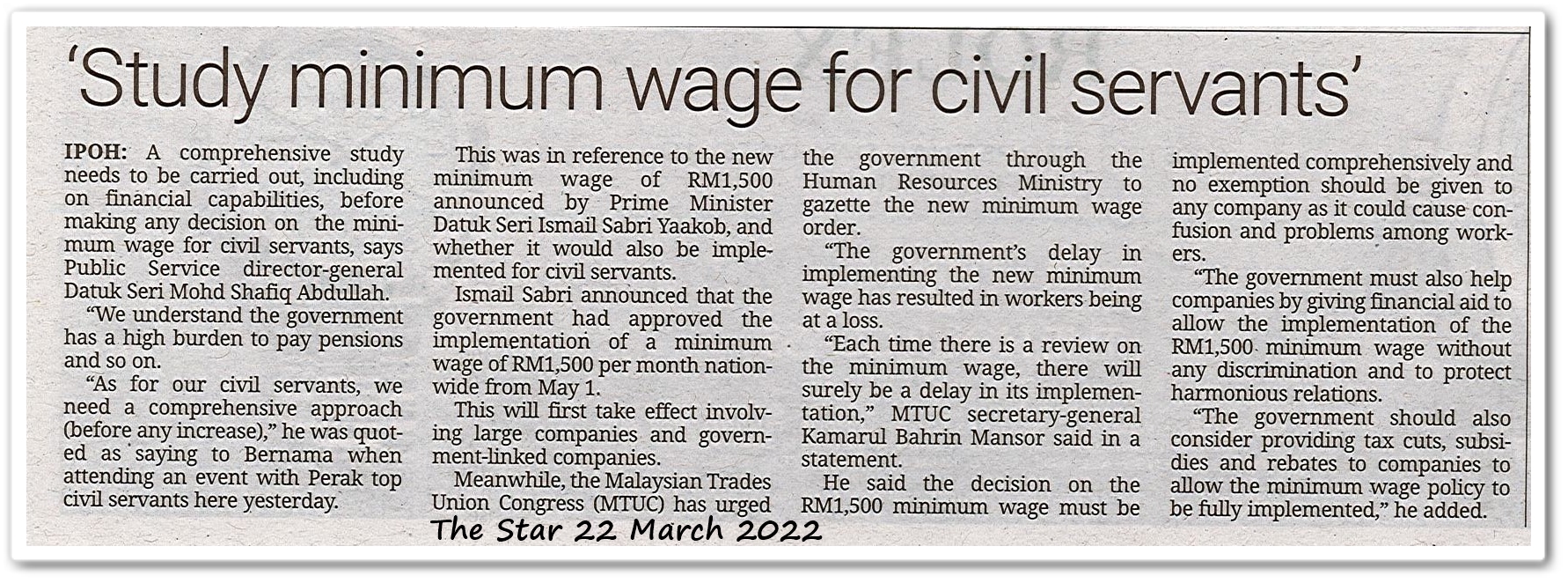 'Study minimum wage for civil servants ' - Keratan akhbar The Star 22 March 2022