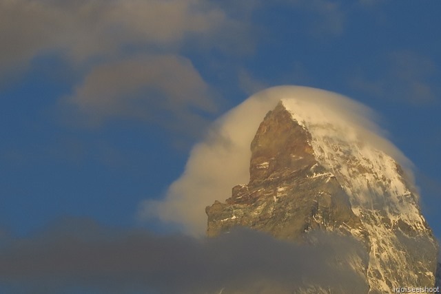 Matterhorn at daybreak. The Matterhorn shrouded in its “bridal veil”.