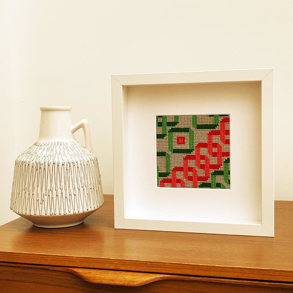 Green and Coral interlocking squares geometric needlepoint design