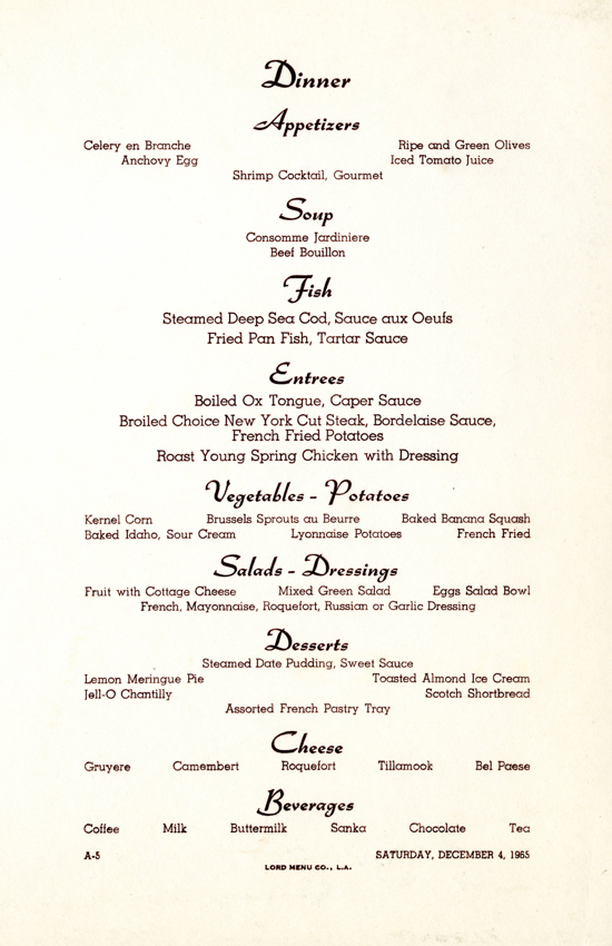 Princess Cruises dinner menu 1965