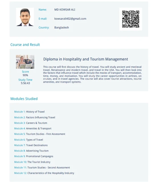 Diploma in hospitality and tourism management, MD KOWSAR ALI