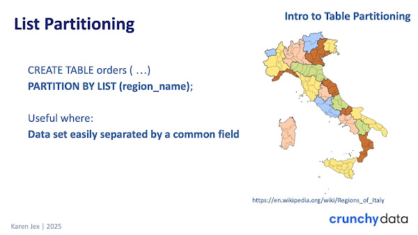 Map of regions of italy plus the text CREATE TABLE orders ( …) PARTITION BY LIST (region_name);
