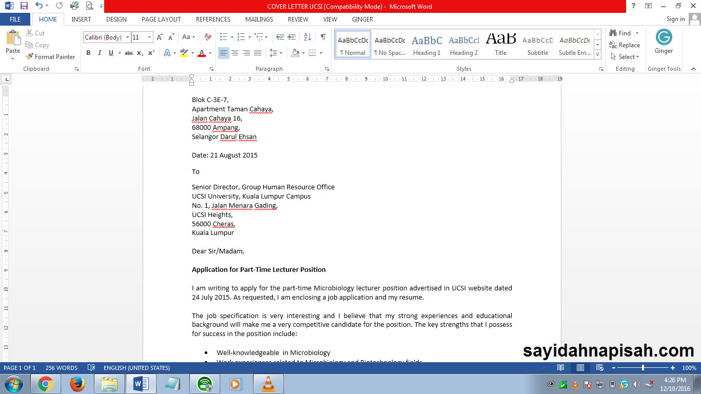 Contoh Cover Letter Permohonan Praktikal - Our Families 