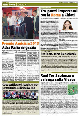 Roma. Premio Amicizia a Favore Associazione ADRA ARGOS Soccer TEAM Forze di Polizia Il Corriere Laziale - Ottobre 2013