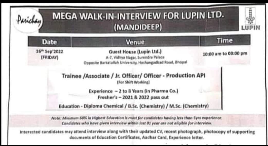 Job Available's for Lupin Ltd Walk-In Interview for Fresher's & Experienced in Diploma Chemical/ BSc/ MSc Chemistry