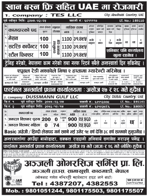 Jobs in UAE for Nepali, Salary Rs 31,495