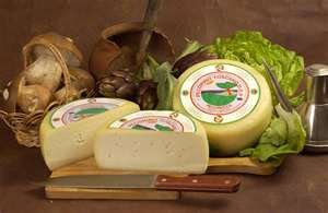  a wheel and two half wheels of Pecorino Toscano cheese on a cutting board