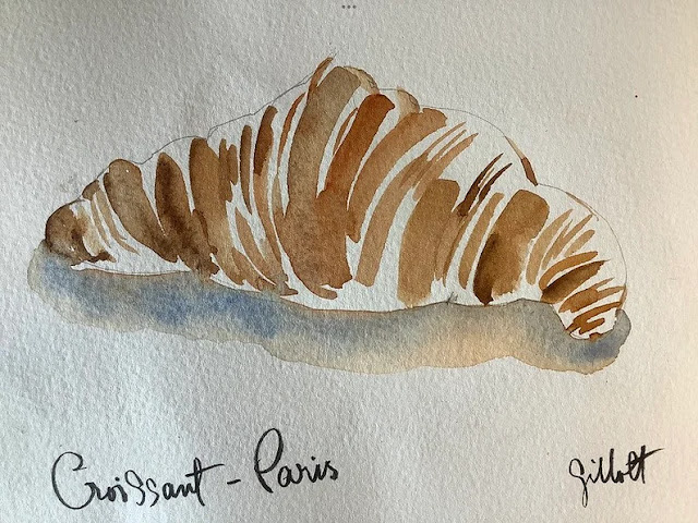 Watercolor painting of a single croissant