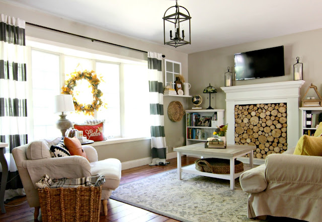 Fall living room with striped drapes-www.goldenboysandme.com
