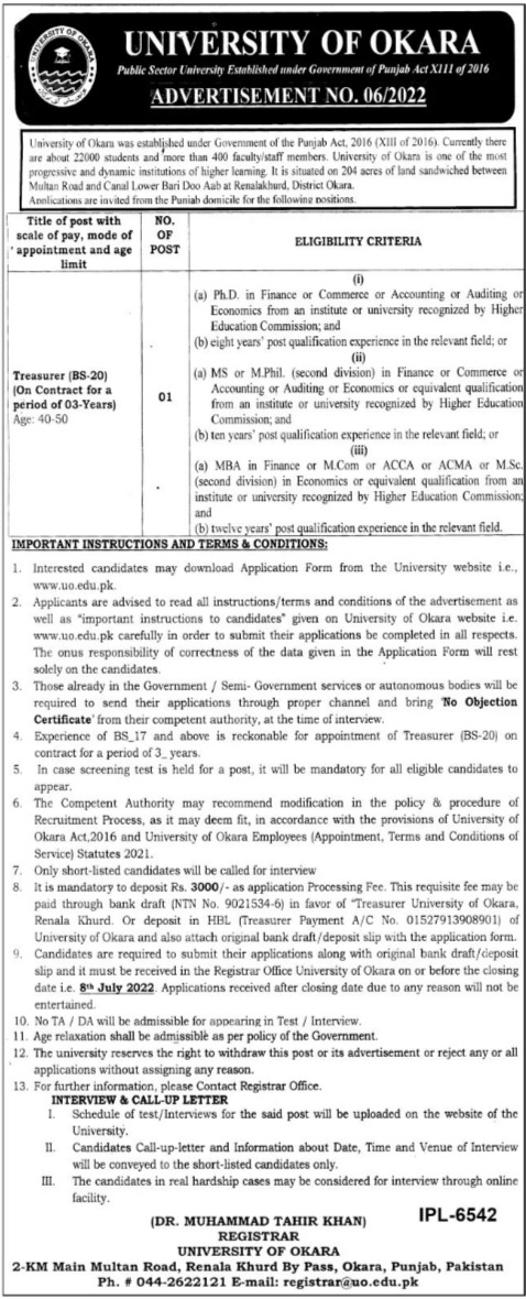 Latest University Of Okara Management Posts Okara 2022