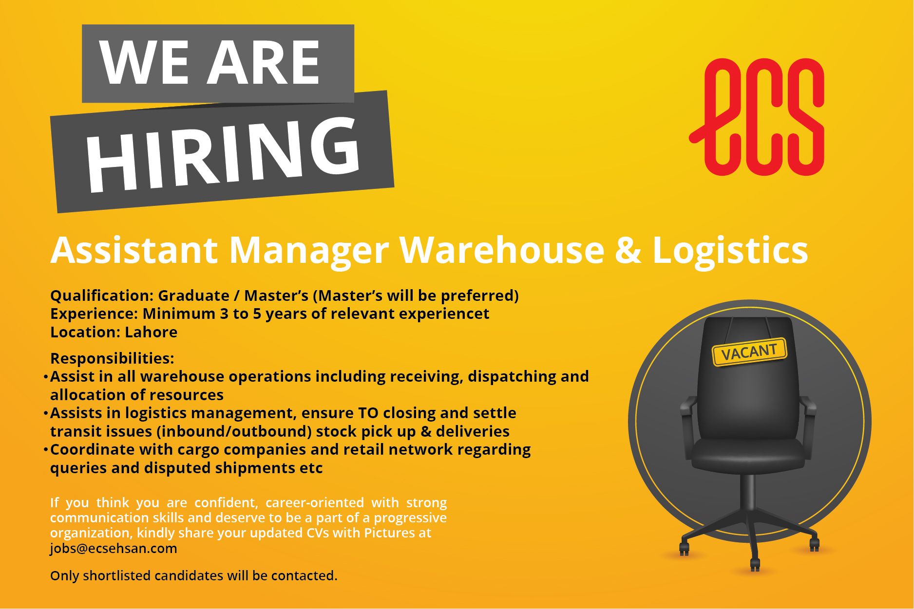 Ehsan Chappal Store ECS Jobs for Assistant Manager Warehouse & Logistics