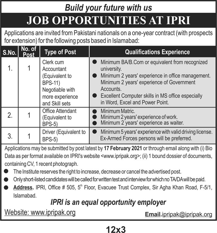 Islamabad Policy Research Institute Jobs 2021 - IPRI Jobs 2021 - Download Application Form - www.ipripak.org