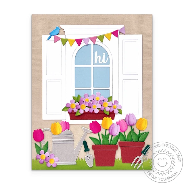 Sunny Studio Stamps Home Window with Watering Can, Flowers & flowerpot Card using Spring Garden and Wonderful Windows Dies