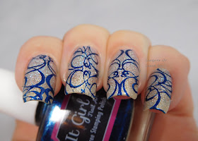 It Girl Nail Art Sapphire stamping polish + IG103 over Zoya Alicia