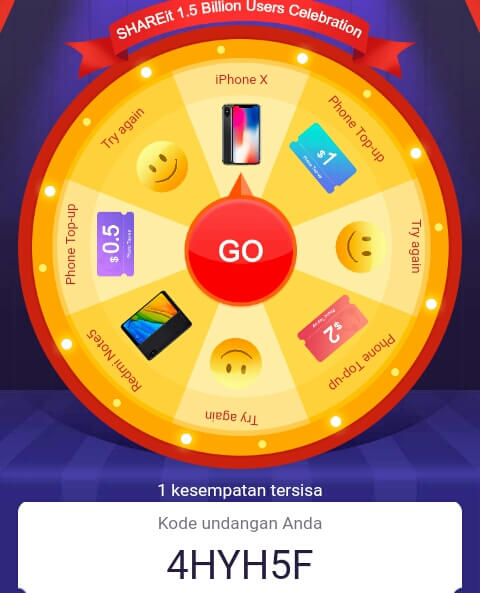 Sampai disini Anda telah berhasil membuat akun / mendaftar di aplikasi SHARE it, untuk memperoleh hadiah berupa Smartphone keren dan Uang / Dollar yang bisa ditukarkan dengan pulsa gratis adalah melakukan Spin dengan cara memilih "Go".