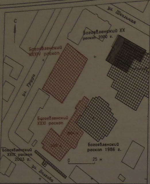 Археологические раскопы показаны штриховкой. Красным цветом показаны раскопы 2005 года.