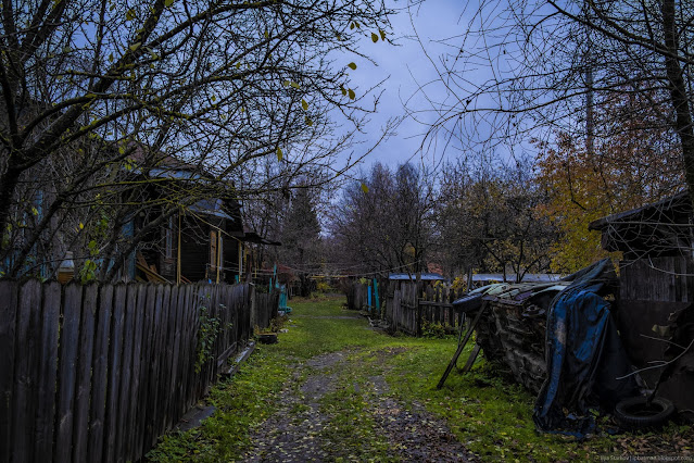 Зеленая лужайка и машина на боку