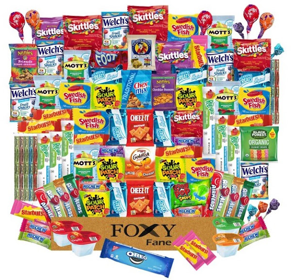 Image: Foxy Fane 100 count Ultimate Snack Box - Gift Basket with Variety Assortment of Crackers, Cookies, Candy and Chips - Bulk Bundle of Tasty Treats (100 Snacks)