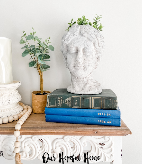 Grecian head planter blue vintage books