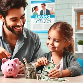 A parent and child sitting at a table, using play money and a piggy bank to learn about saving.