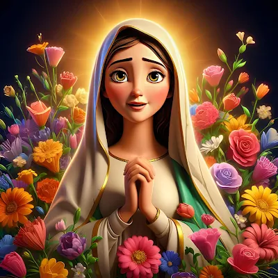 la Virgen María en diferentes estilos rodeada de flores de diferentes colores