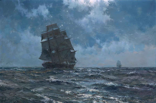 Montague Dawson art, ships at sea at night under stars