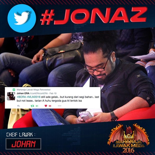 jonaz gabungan johan raja lawak dan sharnaaz ahmad pengkritik telus maharaja lawak mega mlm 2016, komen dan kritikan jonaz persembahan peserta maharaja lawak mega 2016