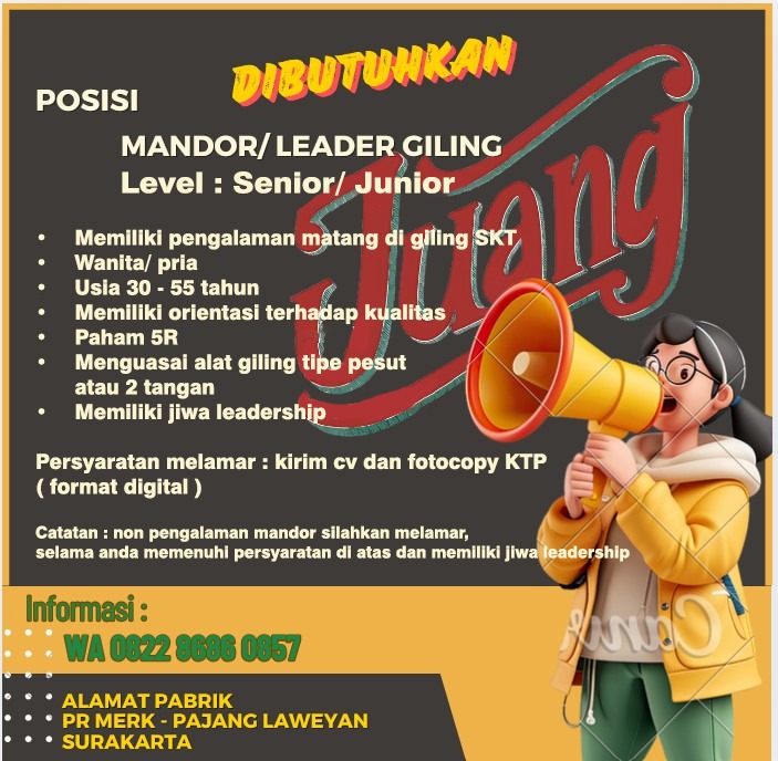 Loker Solo Raya Terbaru di Pajang, Laweyan untuk 1 Posisi