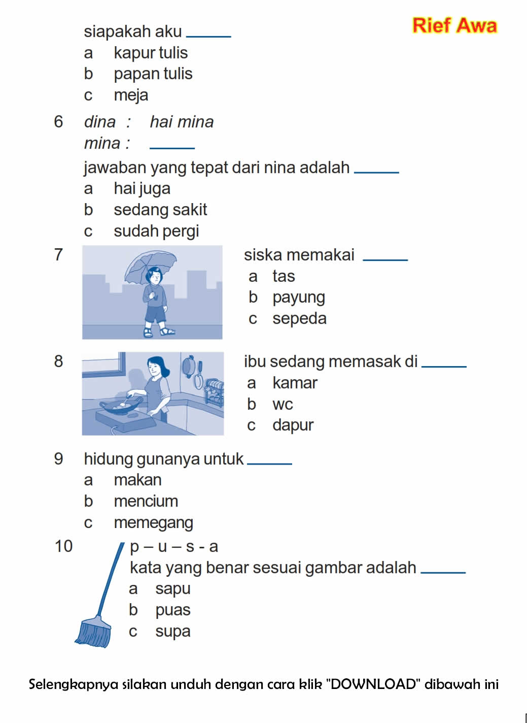 Download Soal UAS Ganjil Bahasa Indonesia Kelas 1 Semester 1 ~ Rief Awa