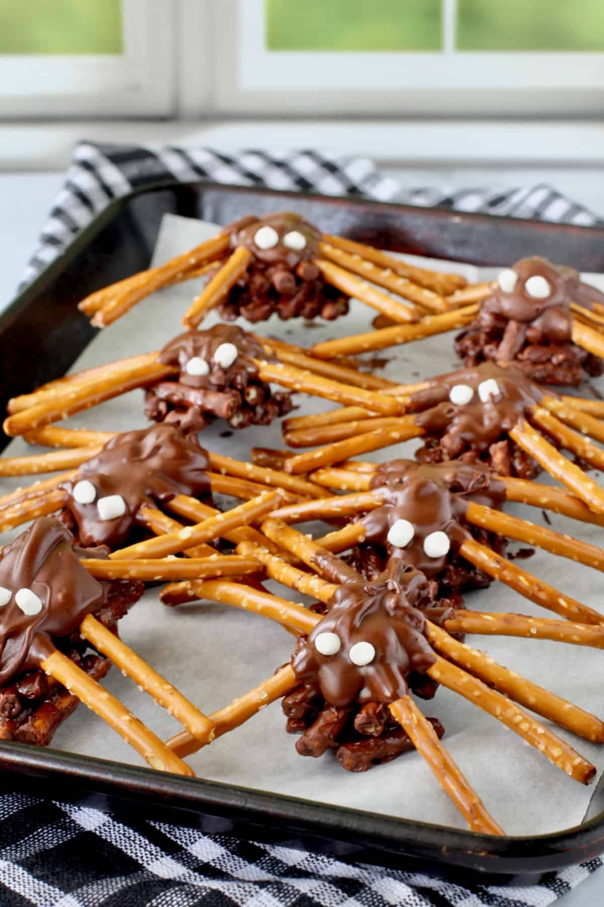 Chocolate Peanut Butter Spider Bites on a baking tray.