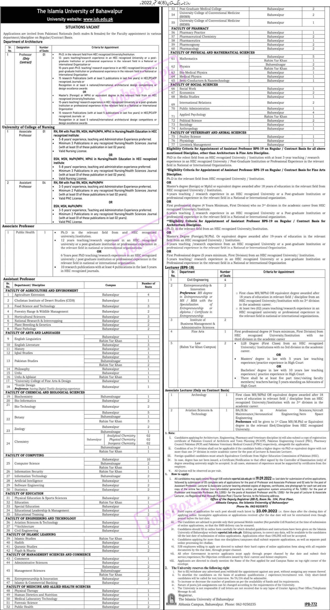 IUB Online Apply - Islamia University of Bahawalpur IUB Jobs Announcement 2022 - eportal.iub.edu.pk Jobs