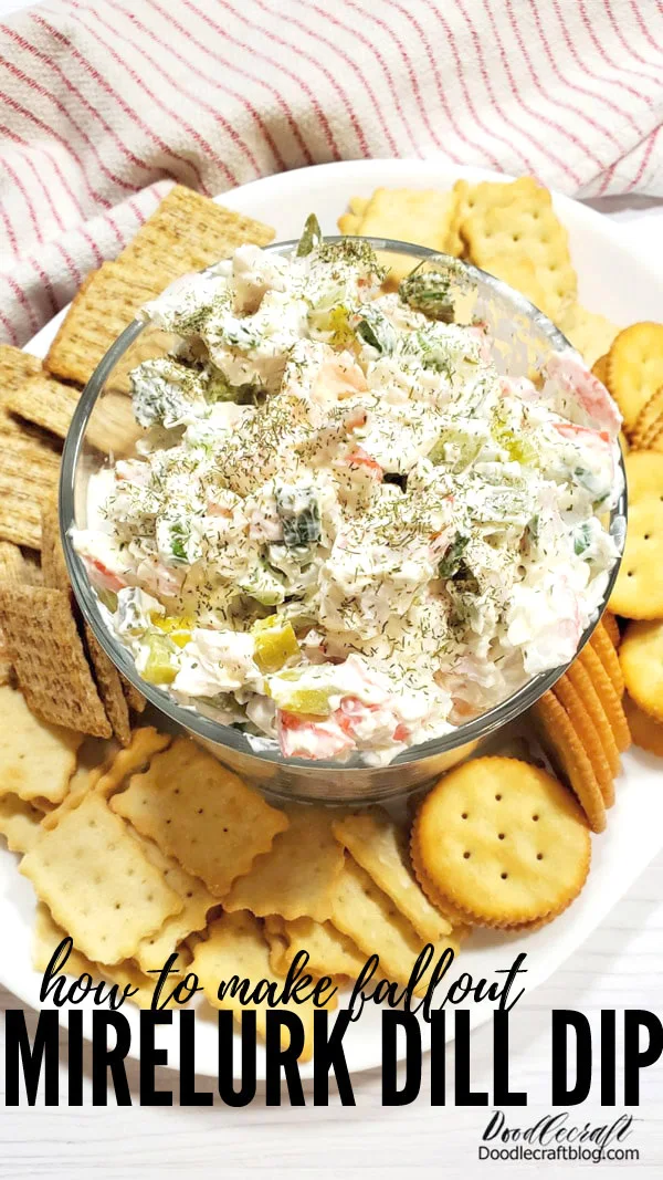 Make a big bowl of Mirelurk Dill Dip for you Fallout themed party!   Serve the Vault Dwellers the best the Wasteland has to offer.   Adding those crisp dill pickles to the mix just adds the perfect finishing touch!