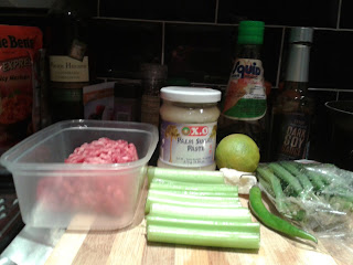 Mince, celery, chilli, green beans, lime, palm sugar, fish sauce